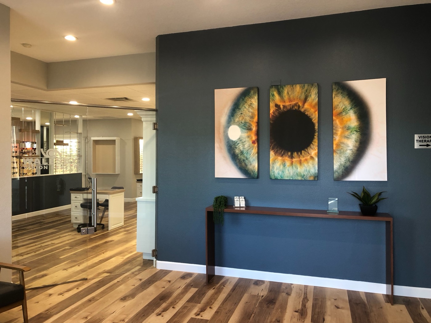 The iris artwork in the Walesby lobby, beside the hallway to the vision therapy lab
