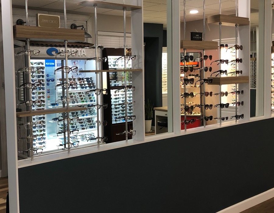 Costa and designer sunglass displays at the Oldsmar office