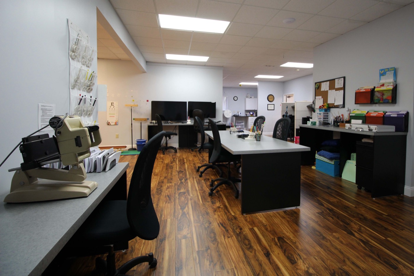The vision therapy lab with training equipment and eye charts